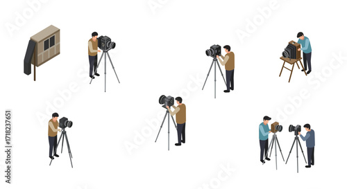 Isometric style photography evolution with vintage and modern cameras