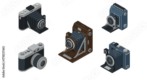 Isometric retro cameras collection featuring vintage designs and classic cameras