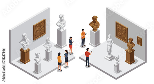 Exploring classical art in an isometric museum gallery with visitors