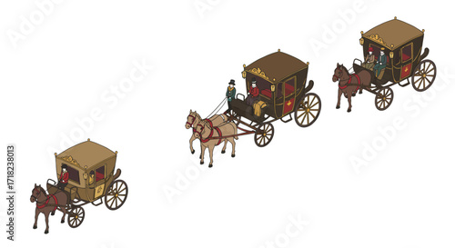 Vintage horse-drawn carriages with passengers in classic style