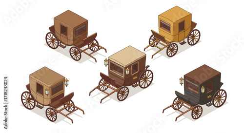 Vintage horse carriages in isometric rustic style with varied designs and colors