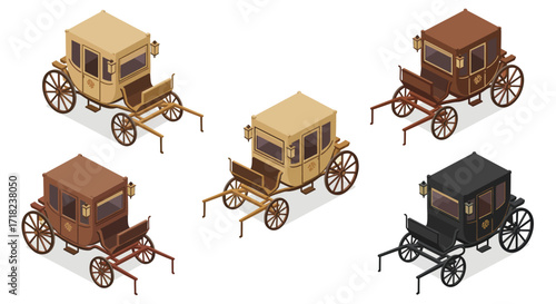 Vintage horse-drawn carriage isometric set in assorted colors