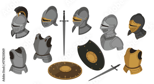 Medieval armor and weapons collection in isometric style