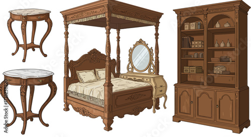 Elegant wooden furniture set with vintage bed and tables