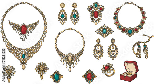 Elegant collection of vintage jewelry with ornate designs and gemstones