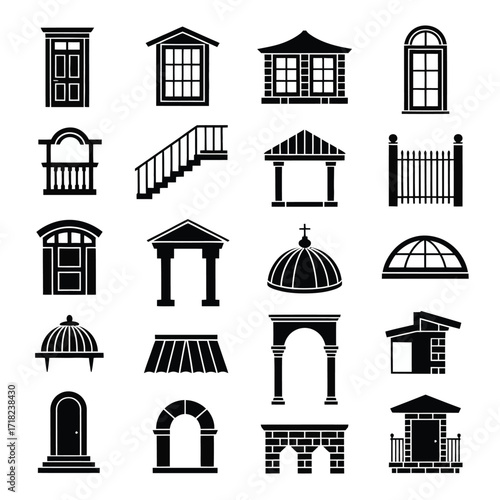 Building Structure Vector Icons  Minimalist Architecture Silhouette Set Featuring Door, Window, Stairs, Balcony, Roof, Brick, Dome, and Fence for Interior, Exterior, Realty & Construction Projects
