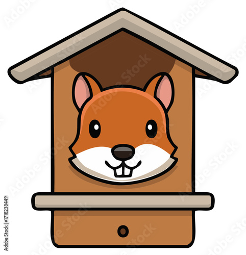 Adorable cartoon squirrel character smiling and peeking from a small wooden house vector illustration