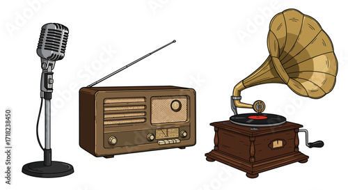 Vintage audio equipment: microphone, radio, and gramophone in classic design