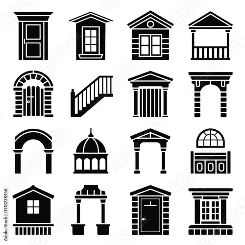 Building Structure Vector Icons  Minimalist Architecture Silhouette Set Featuring Door, Window, Stairs, Balcony, Roof, Brick, Dome, and Fence for Interior, Exterior, Realty & Construction Projects