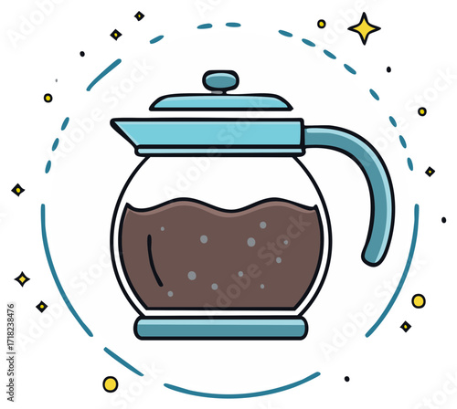 Cute Cartoon Glass Coffee Pot with Fresh Brewed Coffee and Magical Sparkles Vector Illustration
