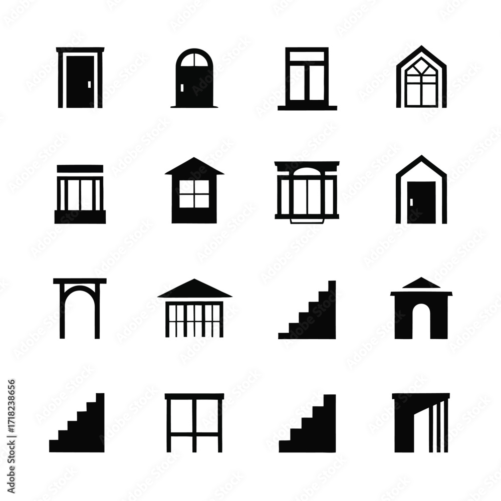 Fototapeta premium Building Structure Vector Icons Minimalist Architecture Silhouette Set Featuring Door, Window, Stairs, Balcony, Roof, Brick, Dome, and Fence for Interior, Exterior, Realty & Construction Projects