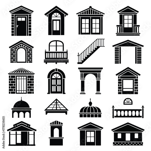 Building Structure Vector Icons  Minimalist Architecture Silhouette Set Featuring Door, Window, Stairs, Balcony, Roof, Brick, Dome, and Fence for Interior, Exterior, Realty & Construction Projects