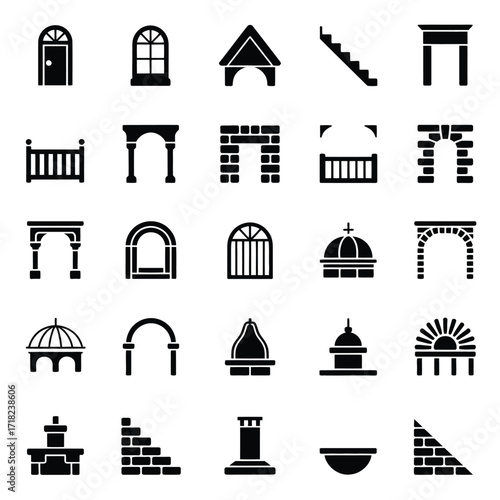 Building Structure Vector Icons  Minimalist Architecture Silhouette Set Featuring Door, Window, Stairs, Balcony, Roof, Brick, Dome, and Fence for Interior, Exterior, Realty & Construction Projects