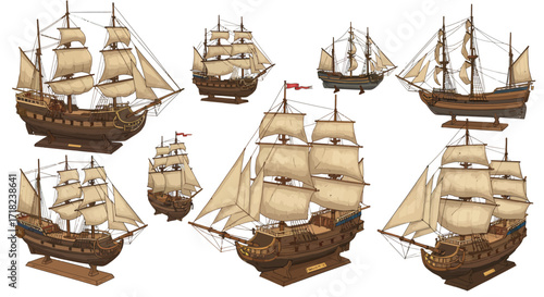 Collection of vintage sailing ships with detailed masts and sails in multiple…