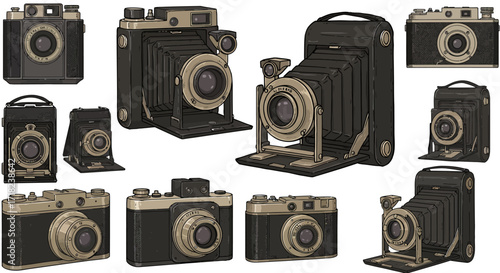 Vintage camera collection in retro style featuring classic film cameras