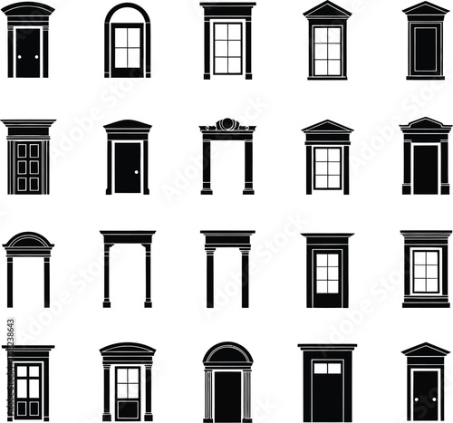 Building Structure Vector Icons  Minimalist Architecture Silhouette Set Featuring Door, Window, Stairs, Balcony, Roof, Brick, Dome, and Fence for Interior, Exterior, Realty & Construction Projects