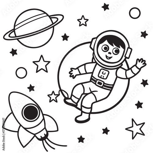 Cartoon astronaut in space surrounded by planets and stars artwork