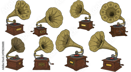 Vintage gramophones collection featuring classic antique phonographs with ele…