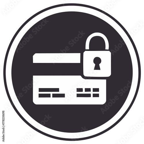 Protected Credit Card Icon within Circle Featuring Security Padlock and Magnetic Strip
