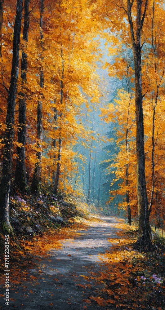Fototapeta premium Autumnal forest path bathed in golden light (2)