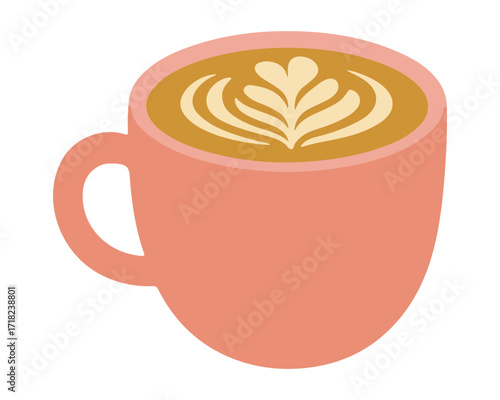 Cute pink coffee cup with latte art heart clipart. Simple flat vector illustration isolated on white background for cafe menu, coffee shop branding, stickers, clipart, autumn and cozy lifestyle design