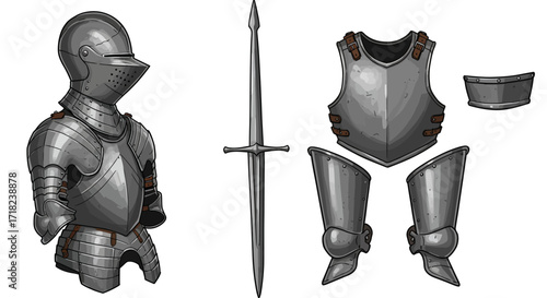 Medieval knight armor set with sword and shield in cartoon style