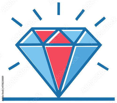 Sparkling blue and red faceted diamond gemstone illustration with light rays