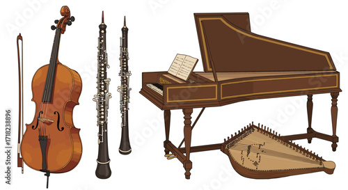 Classical musical instruments collection: cello, oboes, harpsichord, and zither