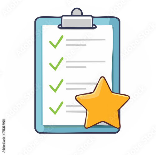 Hand-drawn checklist on clipboard with completed tasks marked by green checkmarks and a golden star award