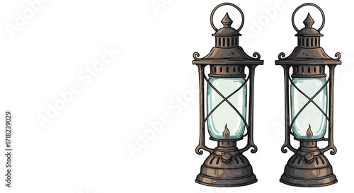 Vintage lanterns with rustic metal design and glass flames