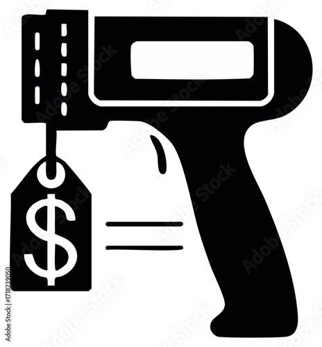 Retail barcode scanner pointing at dollar sign price tag icon for shopping and commerce