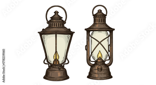 Vintage lanterns with warm candle glow in detailed hand-drawn style