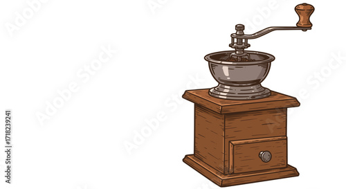 Vintage hand crank coffee grinder with wooden base and metal bowl