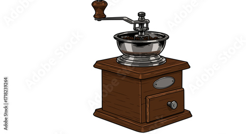 Vintage coffee grinder with wooden finish and metal handle