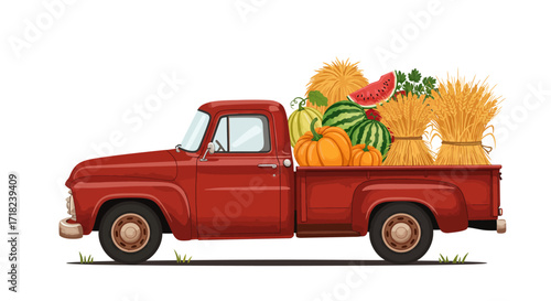 Vintage red truck with harvest produce loaded on flatbed