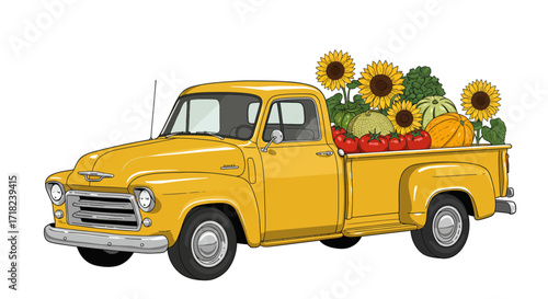 Vintage yellow truck with fresh produce and sunflowers in retro cartoon style