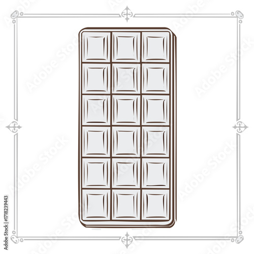 Chocolate bar stylized vector illustration, sweet dessert with decorative frame