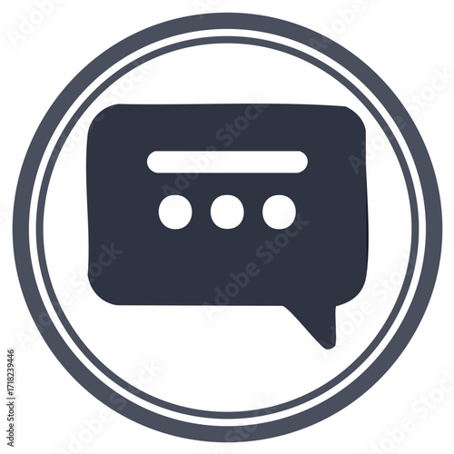 Chat bubble icon within a circle, dark blue design on a white backdrop.