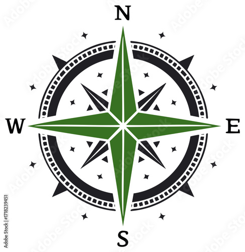 Stylized Green and Black Compass Rose Symbol for Direction and Navigation