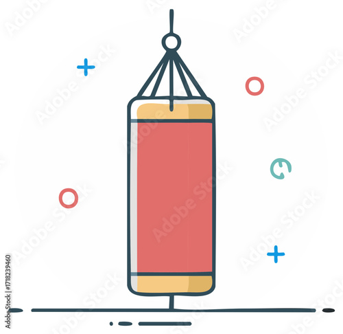 Illustrated punching bag icon with colorful elements, sports and fitness concept.