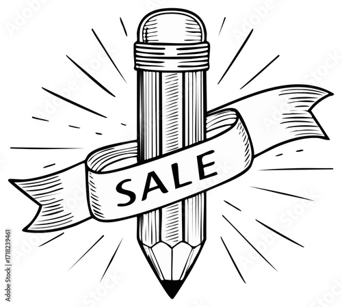 Pencil with a Sale Banner Design Hand Drawn Isolated on White for Promotion