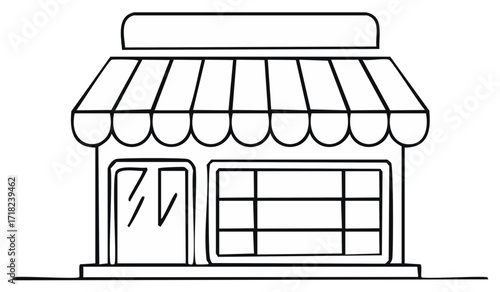 Black and white line drawing of a storefront with a striped awning and display window