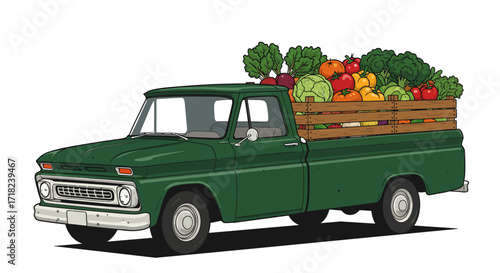 Vintage pickup truck carrying fresh produce in a colorful retro style
