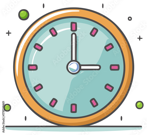 Cartoon clock showing three o'clock, with decorative elements.