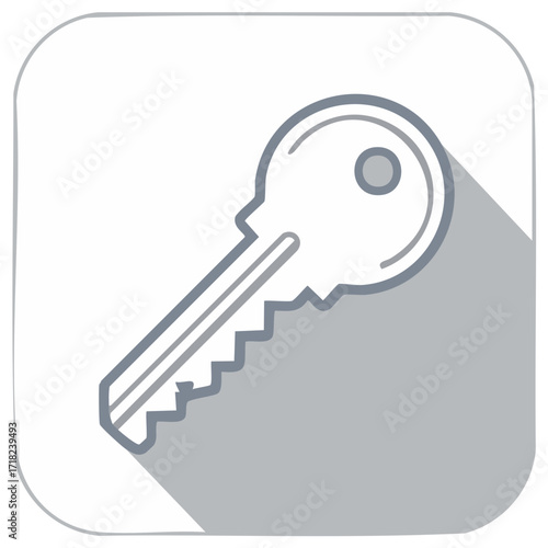 Iconic key design with shadow, concept of unlocking, security, and access in a modern, minimalist illustration