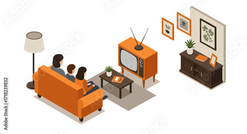 Retro living room scene with family watching television in isometric style