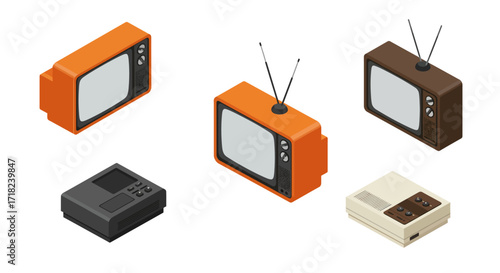 Retro television and game console isometric collection