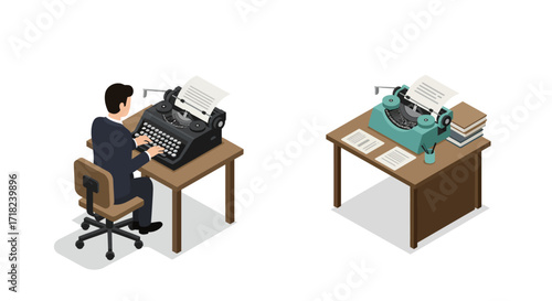 Isometric office setting with vintage typewriters and professional writer