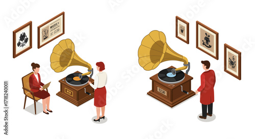 Vintage music listening with gramophone: isometric art of people enjoying rec…