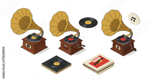Retro gramophone collection with vinyl records isometric design